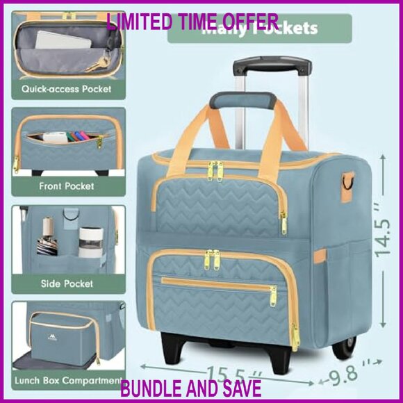 Rolling Laptop Tote Bag with Wheels, Detachable Cart, Insulated Lunch Box - Picture 7 of 8